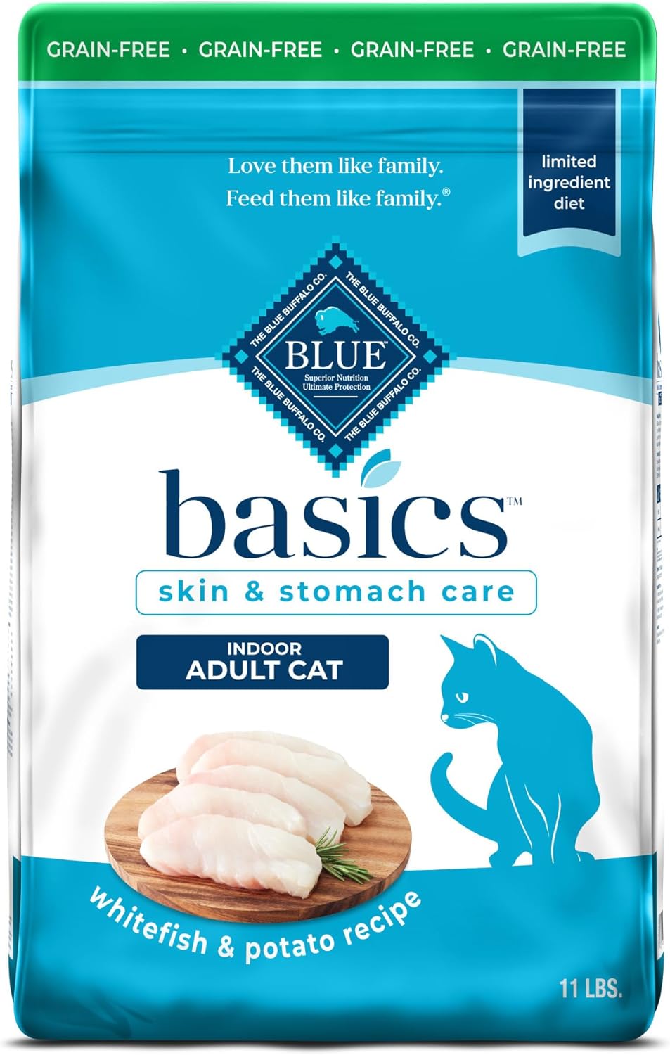 BLUE Basics Grain Free Dry Cat Food is a limited-ingredient cat food made with real duck as the first ingredient, a high-quality single animal protein source.